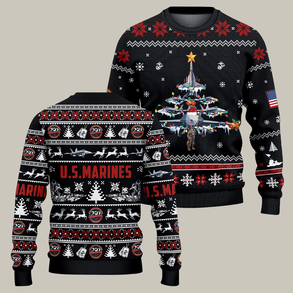 US Marines 250th Anniversary Ugly Christmas Sweater Military Hero Gear Unique Gifts For Men