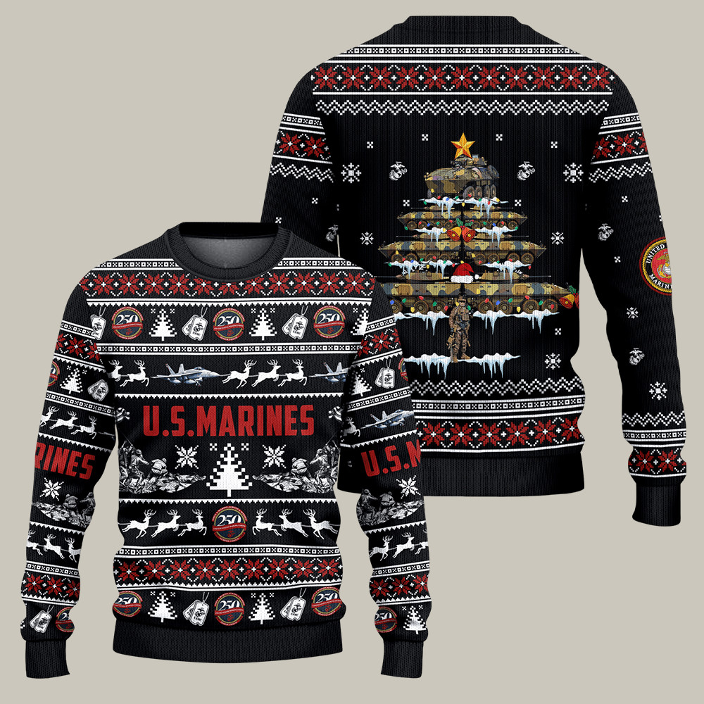 US Marines 250th Anniversary Ugly Christmas Sweater Military Hero Gear Xmas Gifts For Him