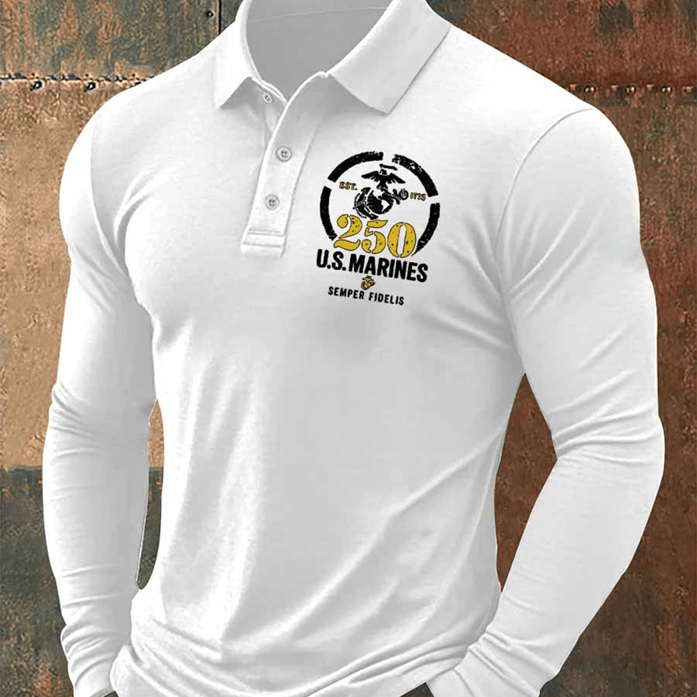 US Marines 250th Birthday White Polo Button Long Sleeve Semper Fidelis Shirt Unique Usmc Gifts