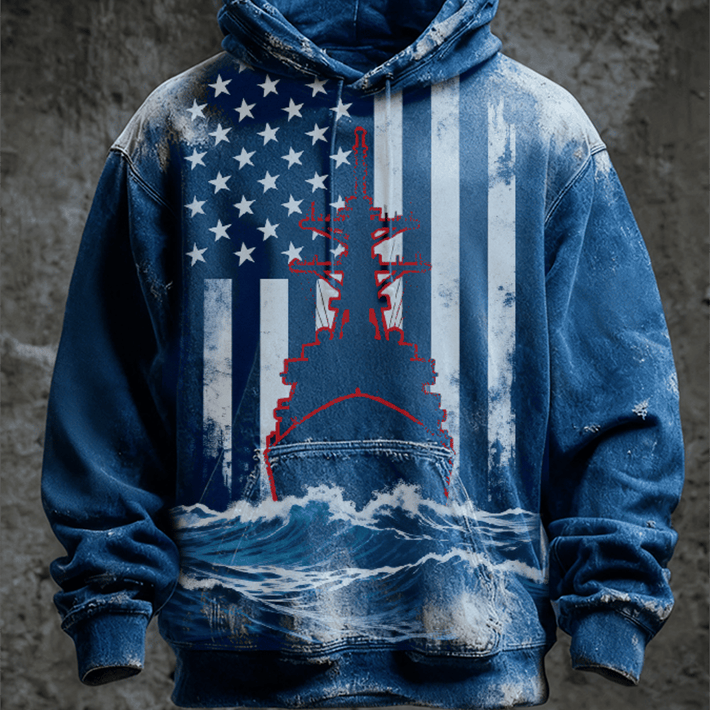 US Marines 250th Flag Battleship Hoodie Pattern Navy Ship Pullover Best Gifts For Veterans