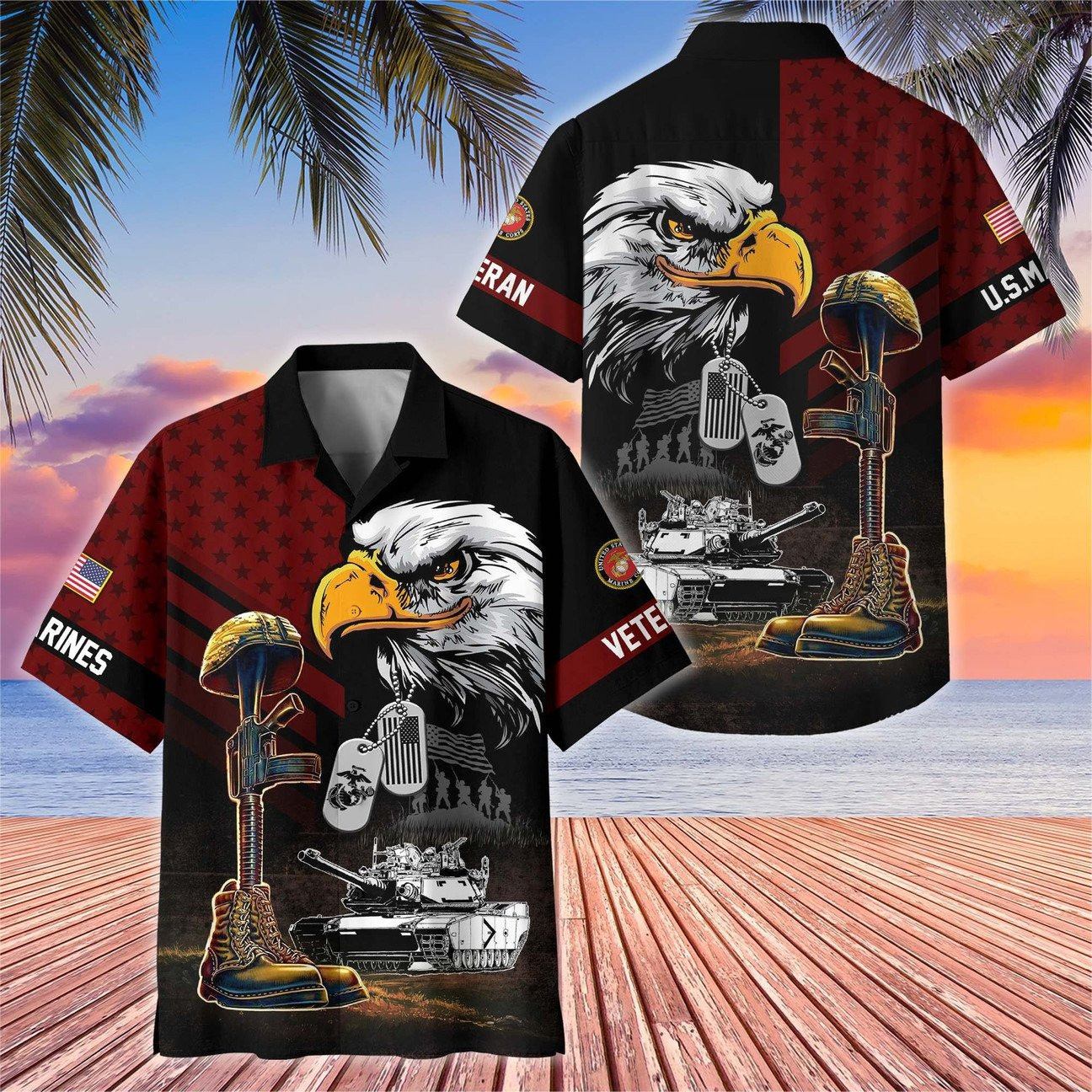 US Marines Bald Eagle Dog Tag Military Tank Boots Helmet Hawaiian Shirt Gift for Army Mens on Veterans Day