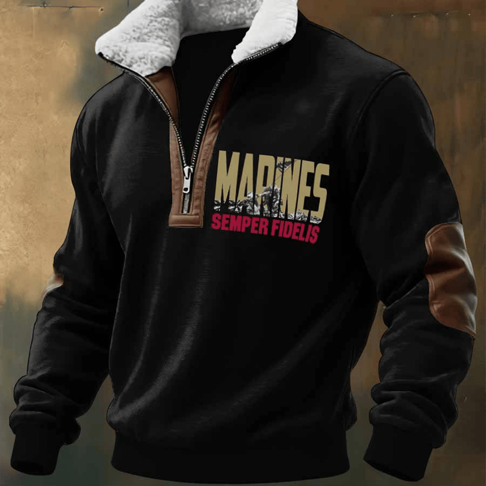 US Marines Black Stand Collar Quarter Zip Sweatshirt Semper Fi Marine Clothing Gifts For Him