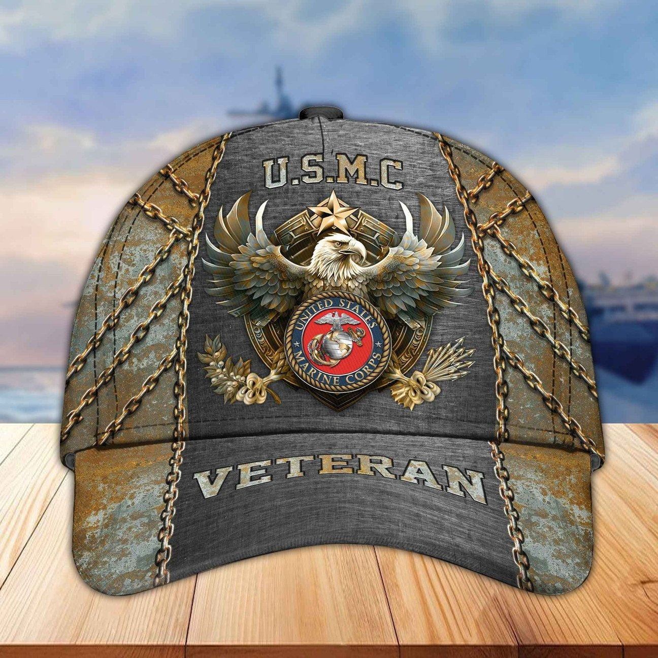 US Marines Eagle Metal Chain Baseball Cap Gift For Father on Veterans Day