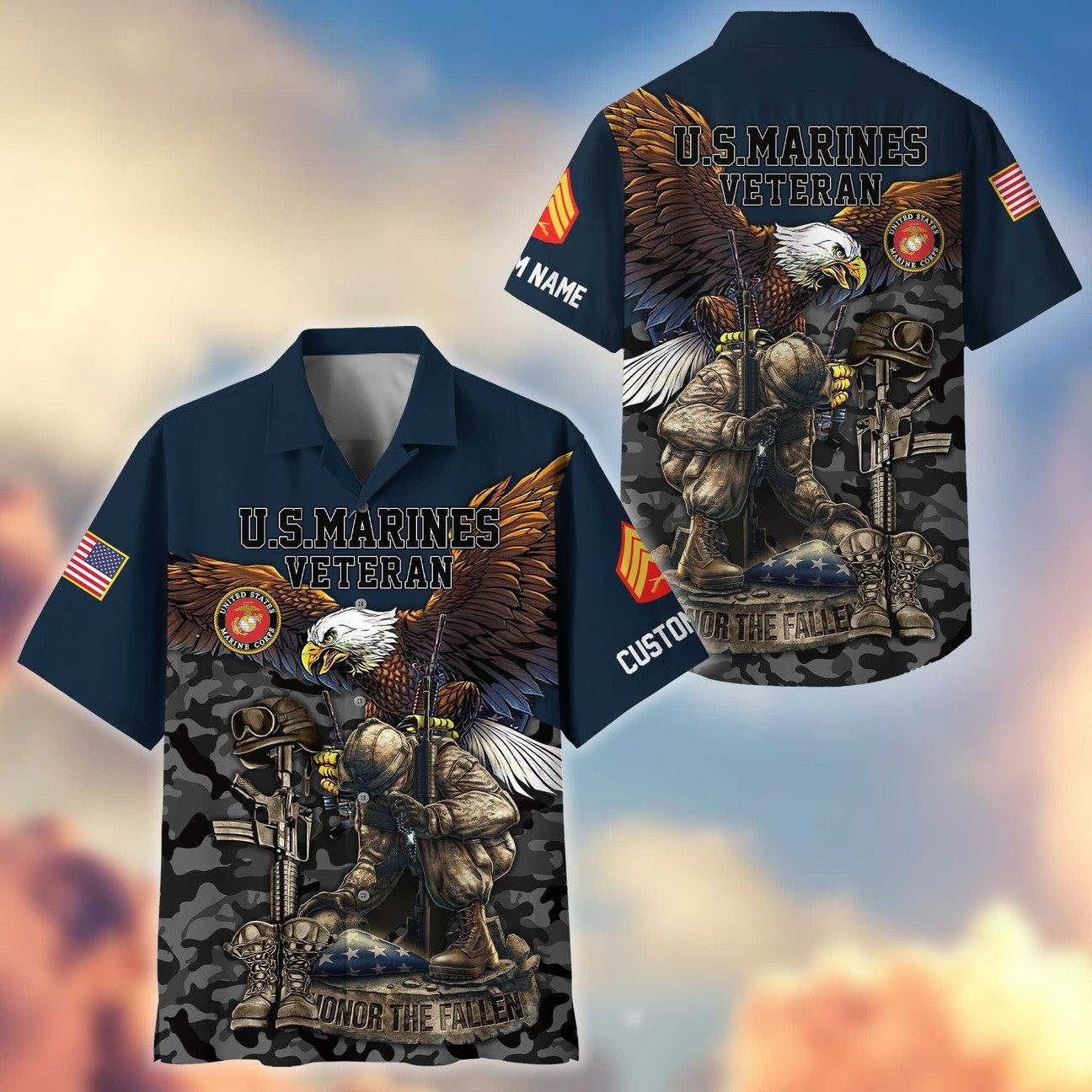 US Marines Eagle Soldier Kneeling Rifle Flag Honor the Fallen Hawaiian Shirt Gift for Army Mens on Veterans Day