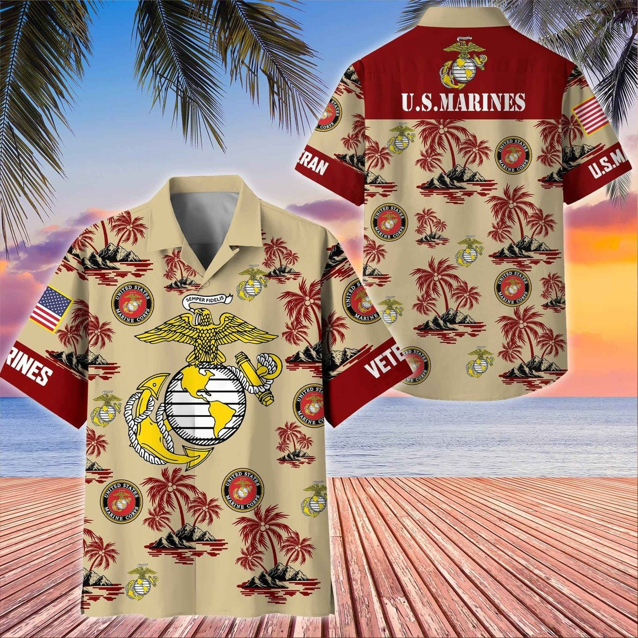 US Marines Great Seal Eagle Palm Tree Island Military Hawaiian Shirt Summer Gift for Army Mens on Veterans Day