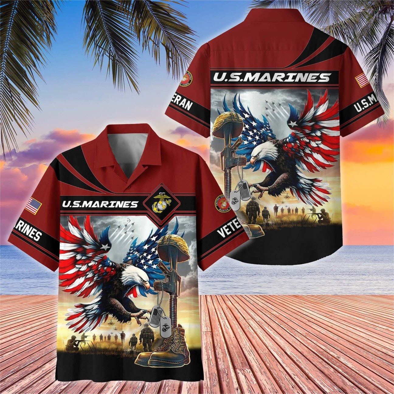 US Marines Hawaiian American Eagle Flag Shirt Veteran Patriotic Gift for Mens on Veterans Day
