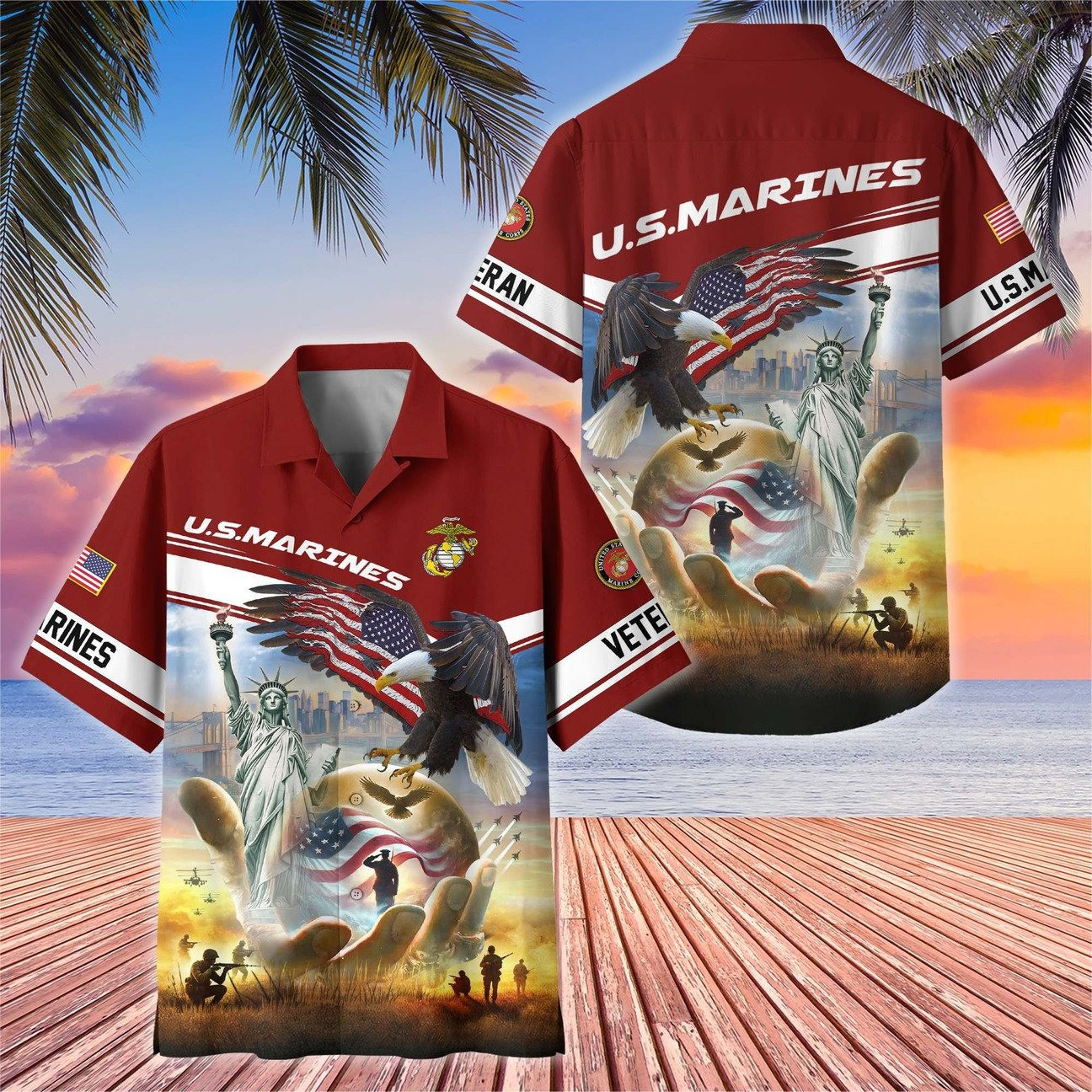 US Marines Hawaiian American Eagle Liberty Statue Flag Shirt Patriotic Military Gift for Mens on Veterans Day