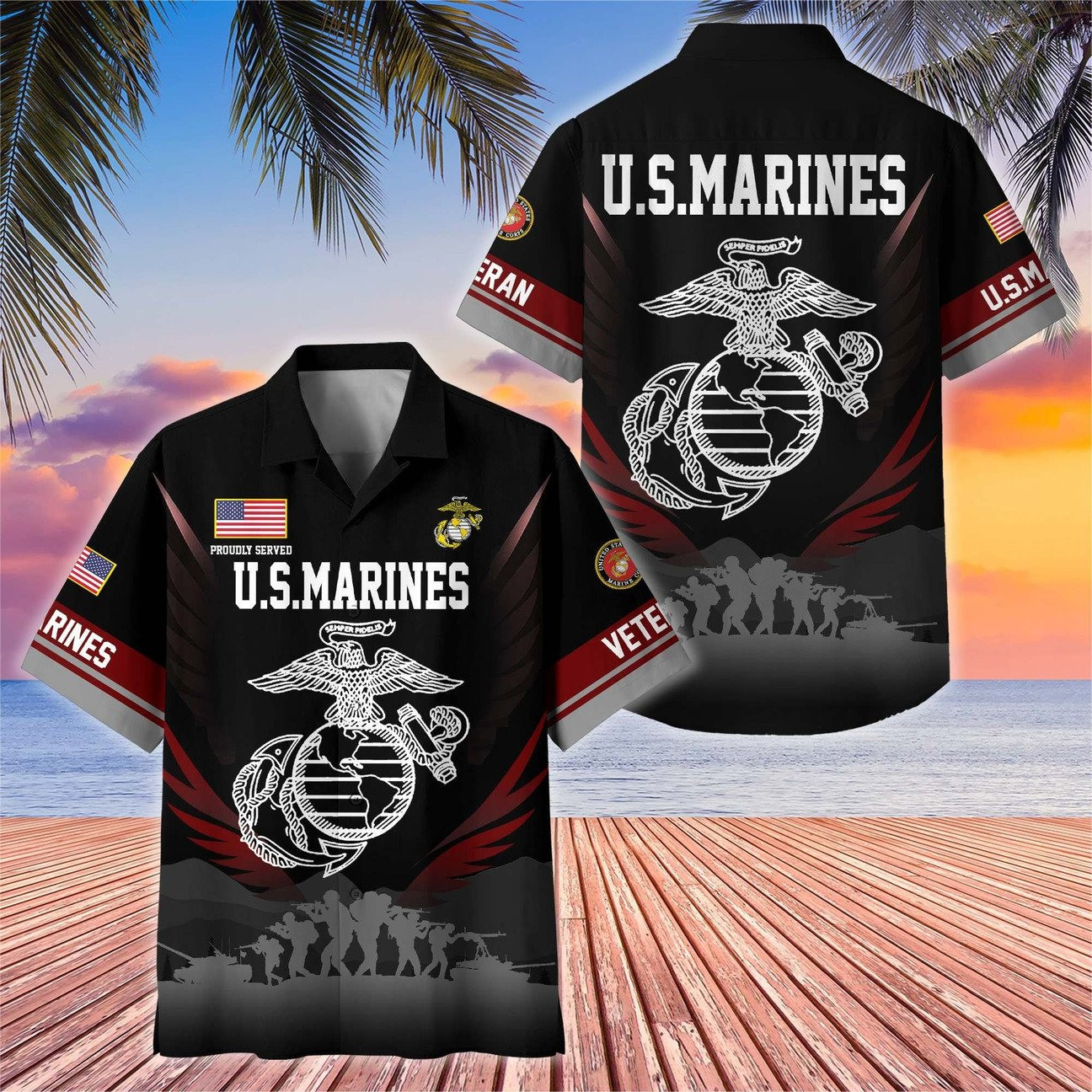 US Marines Hawaiian Veteran Black Military Eagle Emblem Shirt Soldier Gift for Army Mens on Veterans Day