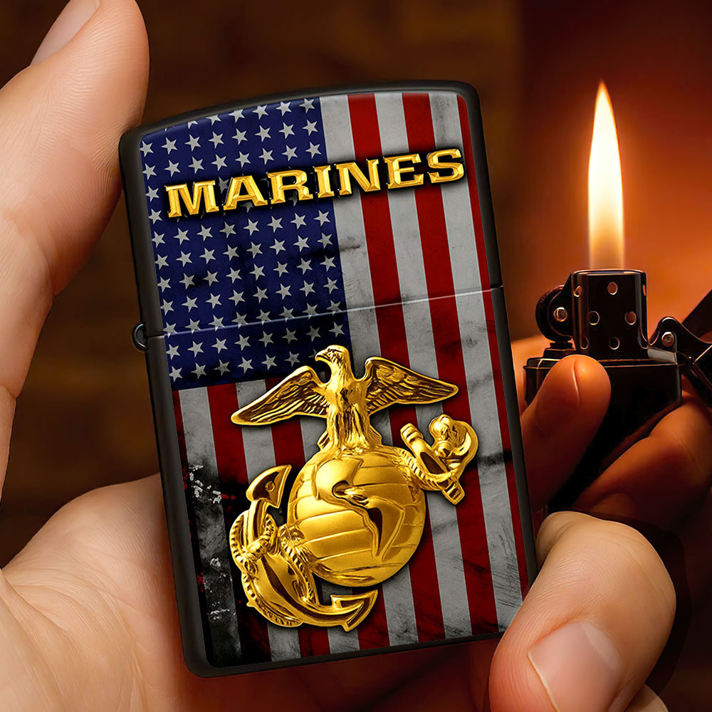 US Marines Logo And USA Flag Zippo Lighter Case USMC Merch Gifts For Patriotic