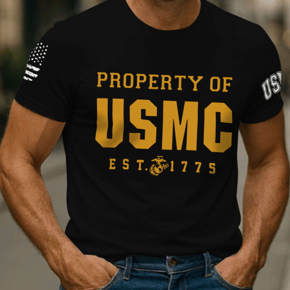 US Marines Property Of Usmc Black T-Shirt Est 1775 Patriotic Apparel Marine Retirement Gifts