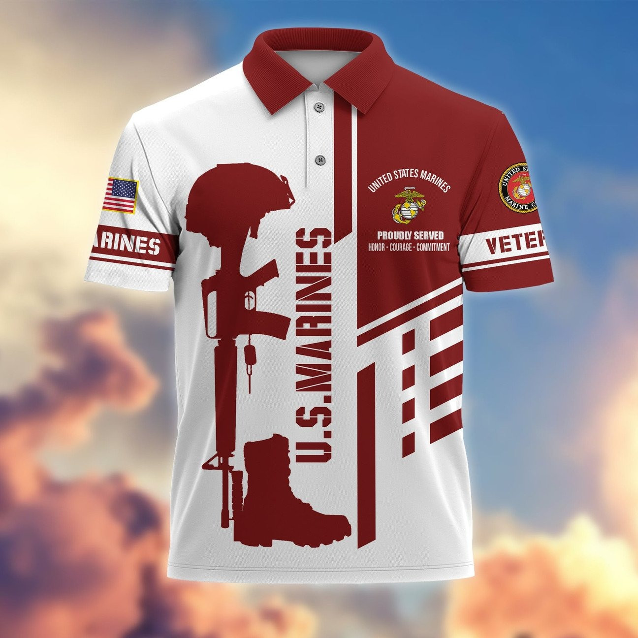 US Marines Proudly Served Honor Courage Commitment Polo Shirt Perfect Gift for For Dad and Husband on Veterans Day
