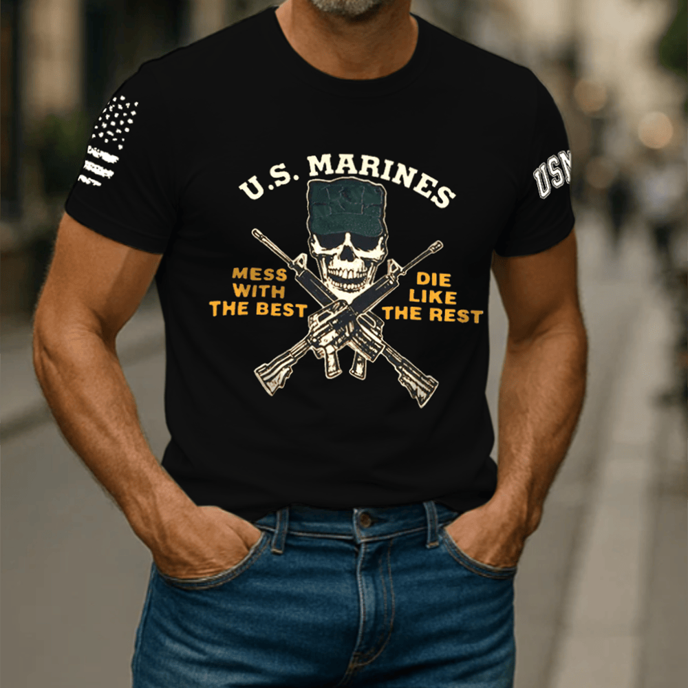 US Marines Retro Skull Helmet Black T-Shirt Mess With The Best Usmc Apparel Gift Ideas