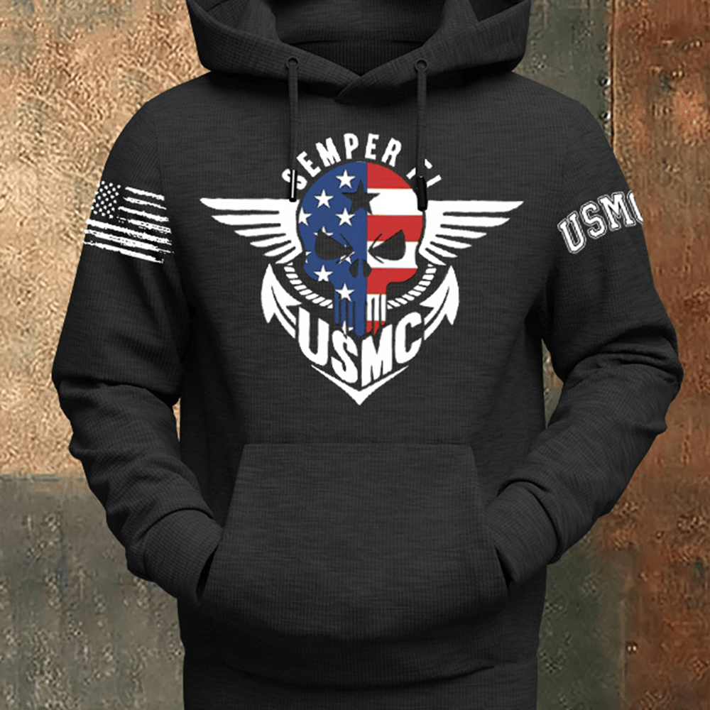 US Marines Skull American Flag Semper Fi Black Hoodie Usmc Apparel Gifts For Veteran Dad