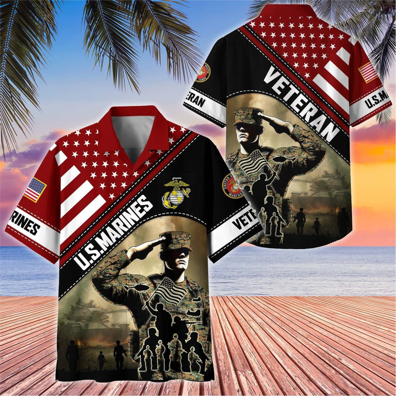 US Marines Soldier Salute Flag Military Tank Patriotic Hawaiian Shirt Gift for Army Mens on Veterans Day