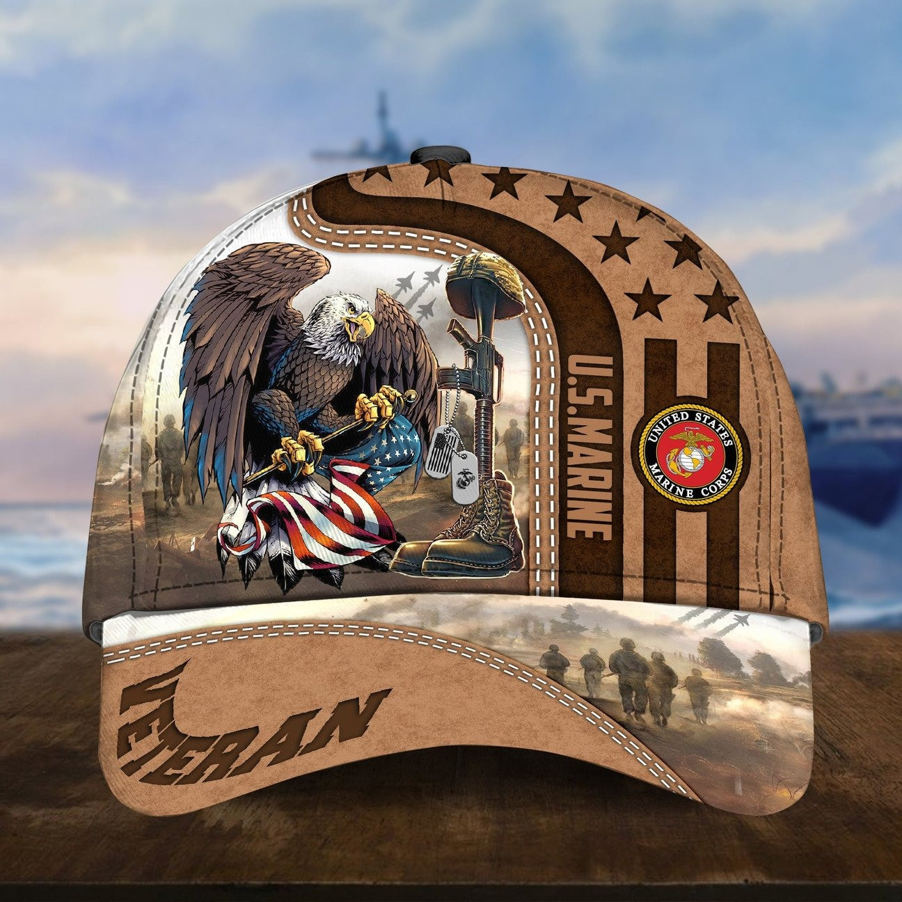 US Marines Veteran Bald Eagle and Fallen Soldier Patriotic Cap Gift for Veterans