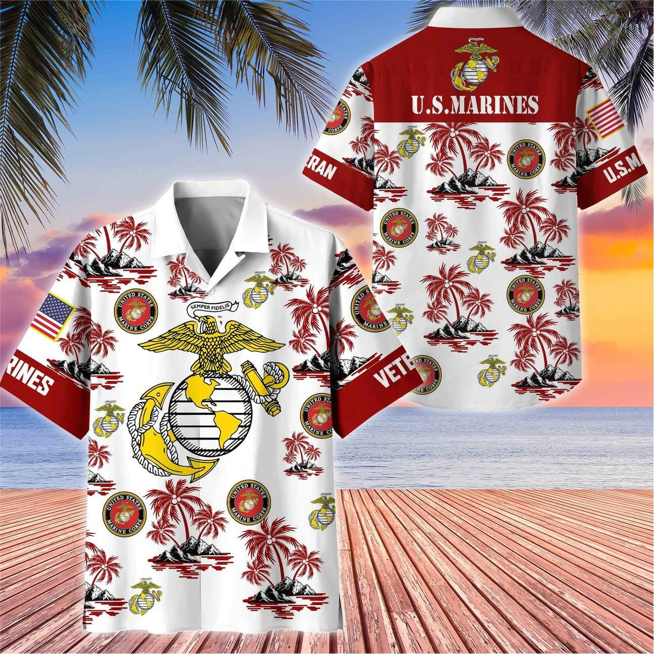 US Marines Veteran White Great Seal Eagle Palm Tree Tropical Island Hawaiian Shirt Gift for Army Mens on Veterans Day