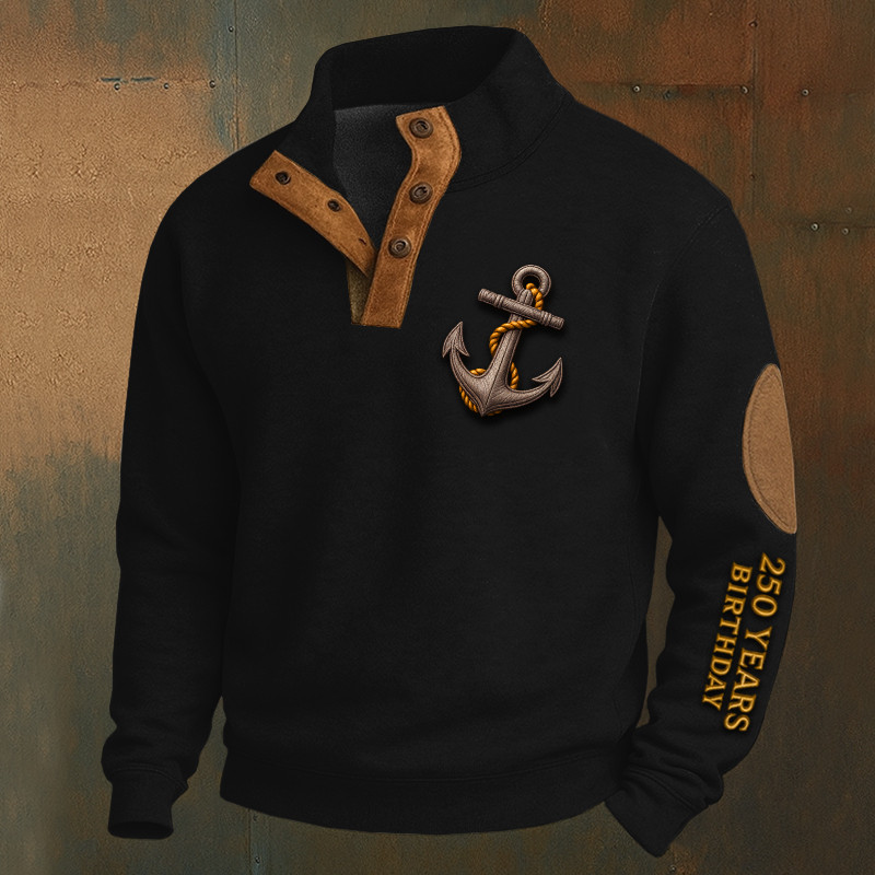 US Navy 250 Years Birthday Collar Sweatshirt Patriotic Anchor Navy Veteran Apparel Gift For Him