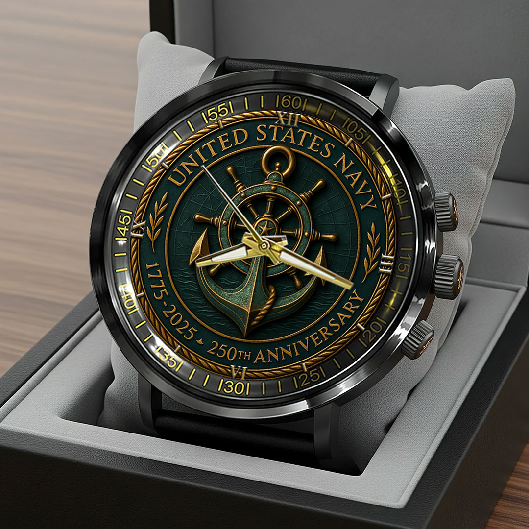 US Navy 250th Anniversary Black Stainless Steel Watch Military Style Patriotic Veteran Gifts