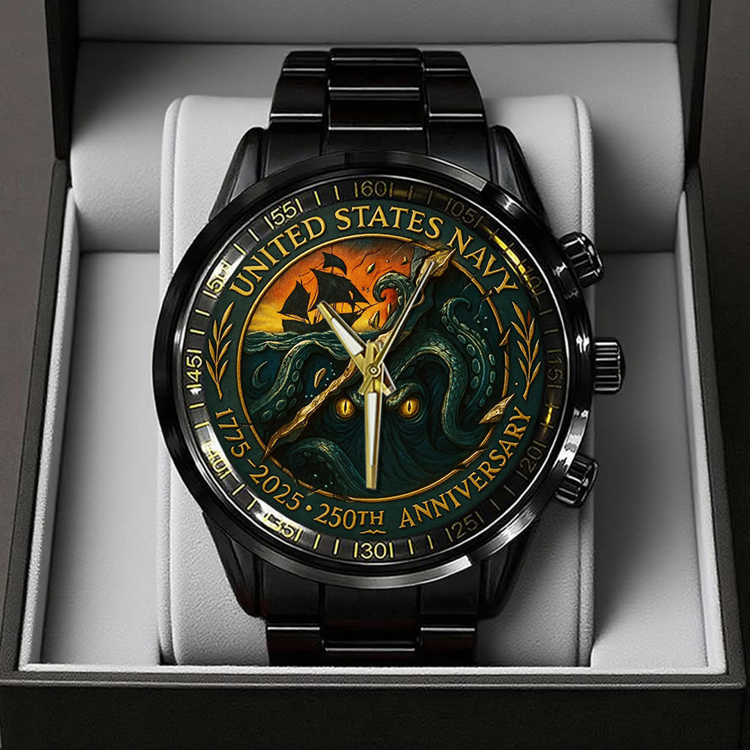 US Navy 250th Anniversary Black Stainless Steel Watch Navy Strong Gifts For Men