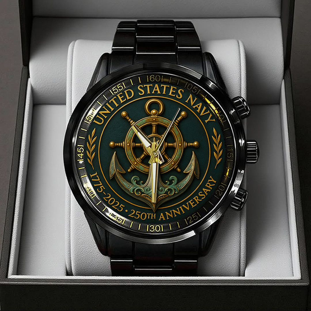 US Navy 250th Anniversary Black Stainless Steel Watch Navy Strong Veteran Gifts