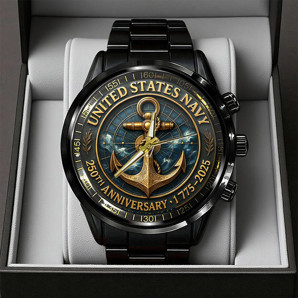 US Navy 250th Anniversary Black Stainless Steel Watch Navy Themed Watch Ideal Gifts