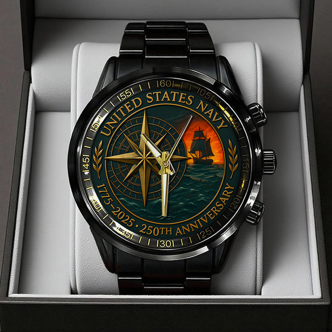 US Navy 250th Anniversary Black Stainless Steel Watch Proud Navy Patriotic Gifts