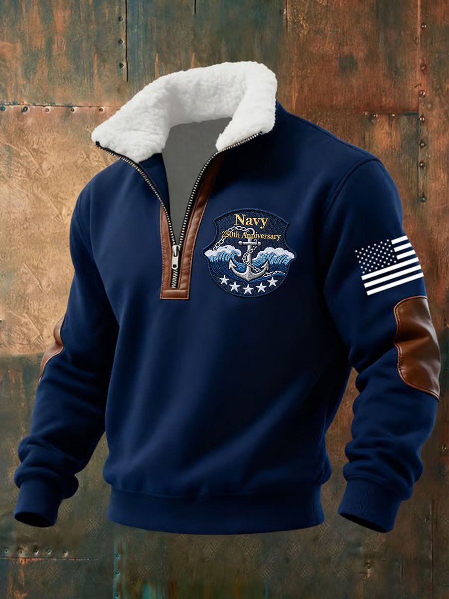 US Navy 250th Anniversary Collar Zip Sweatshirt Mens Patriotic Clothing Gifts For Navy Sailors