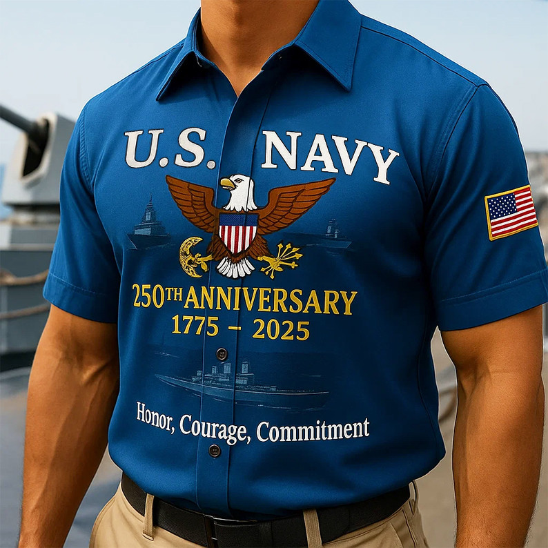 US Navy 250th Anniversary Hawaiian Shirt Honor Courage Commitment USN Merch