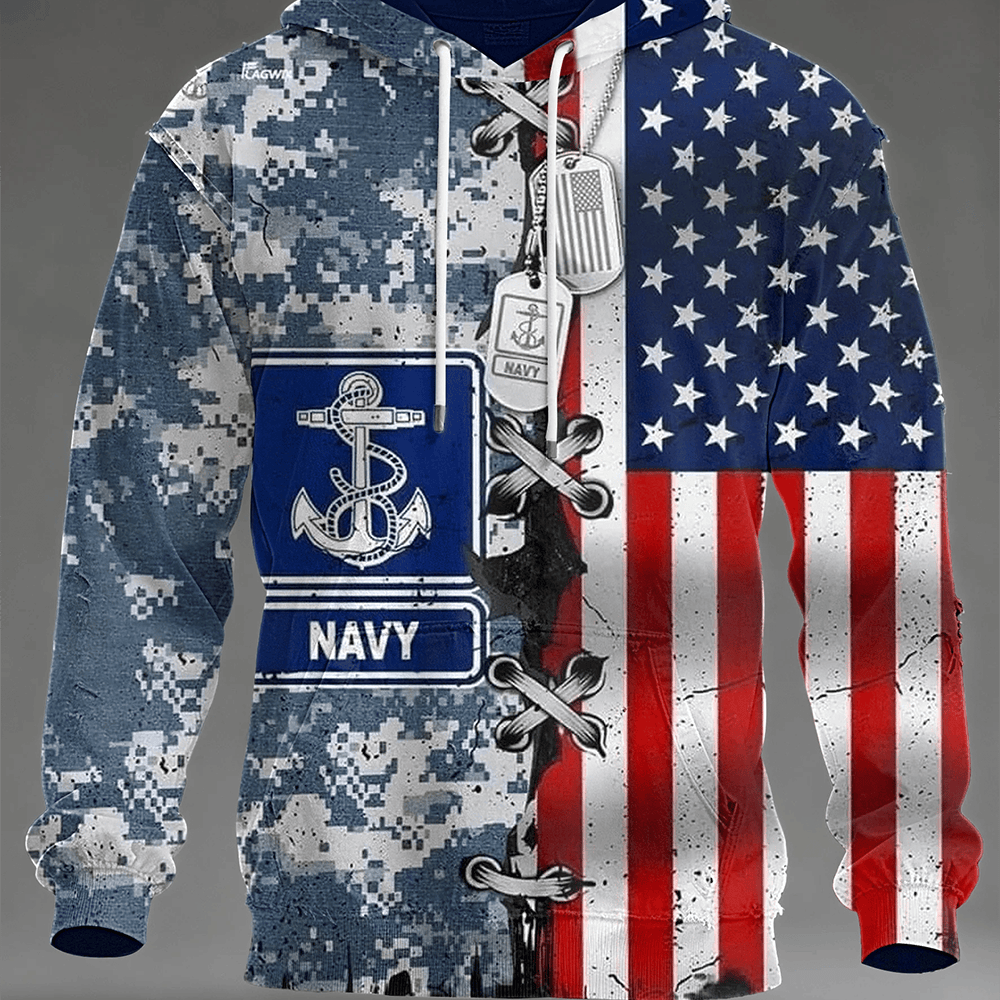 US Navy 250th Anniversary Hoodie Pattern American Ocean Style Flag & Anchor Gift For Boyfriend