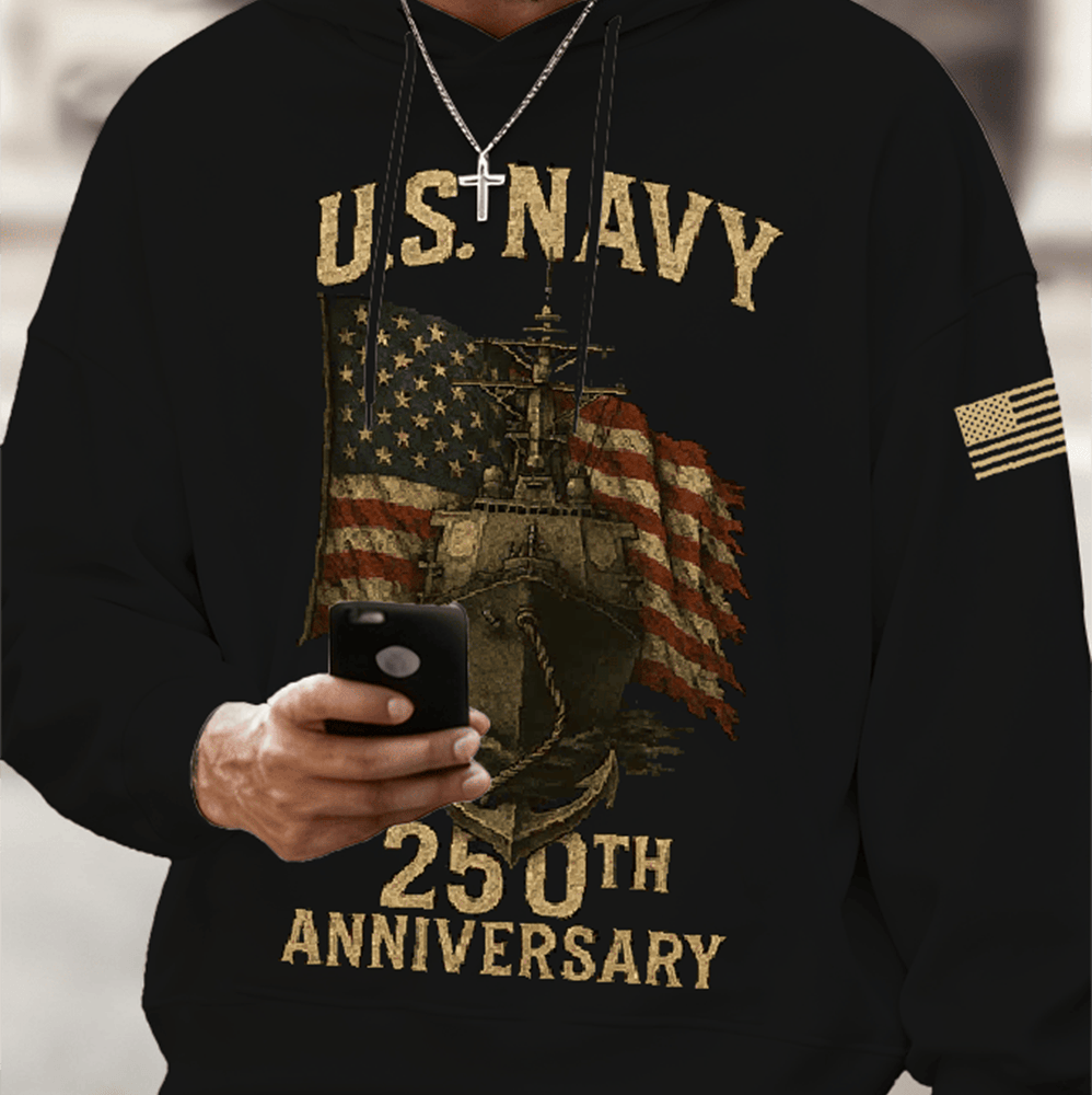 US Navy 250th Anniversary Hoodie Retro Military Ship Graphic Pullover Gifts For Friend