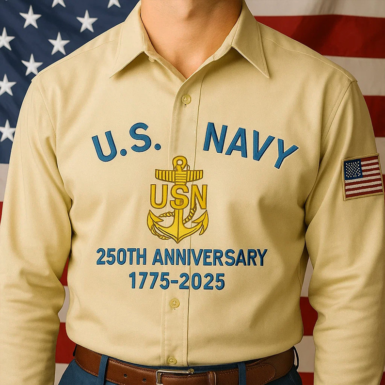 US Navy 250th Anniversary Long Sleeve Shirt Men's Patriotic Shirt Navy Gifts