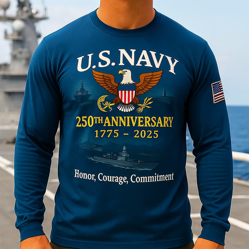 US Navy 250th Anniversary Long Sleeve T-Shirt Honor Courage Commitment USN Merch