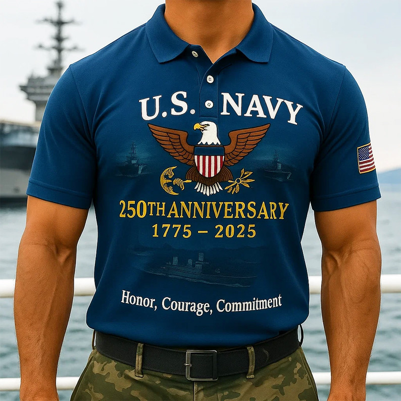 US Navy 250th Anniversary Polo Shirt Honor Courage Commitment USN Merch