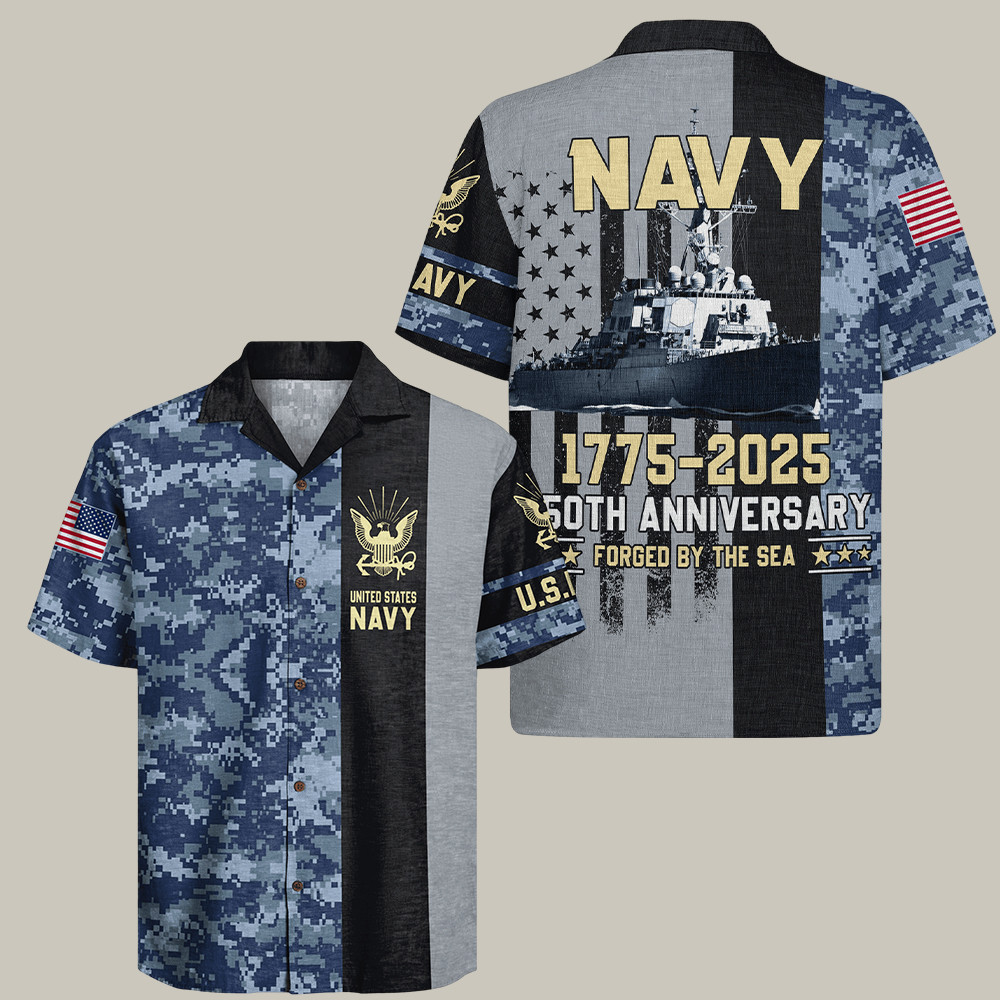 Us Navy 250th Birthday Camo Hawaiian Shirt Forged By The Sea Navy Retirement Gifts