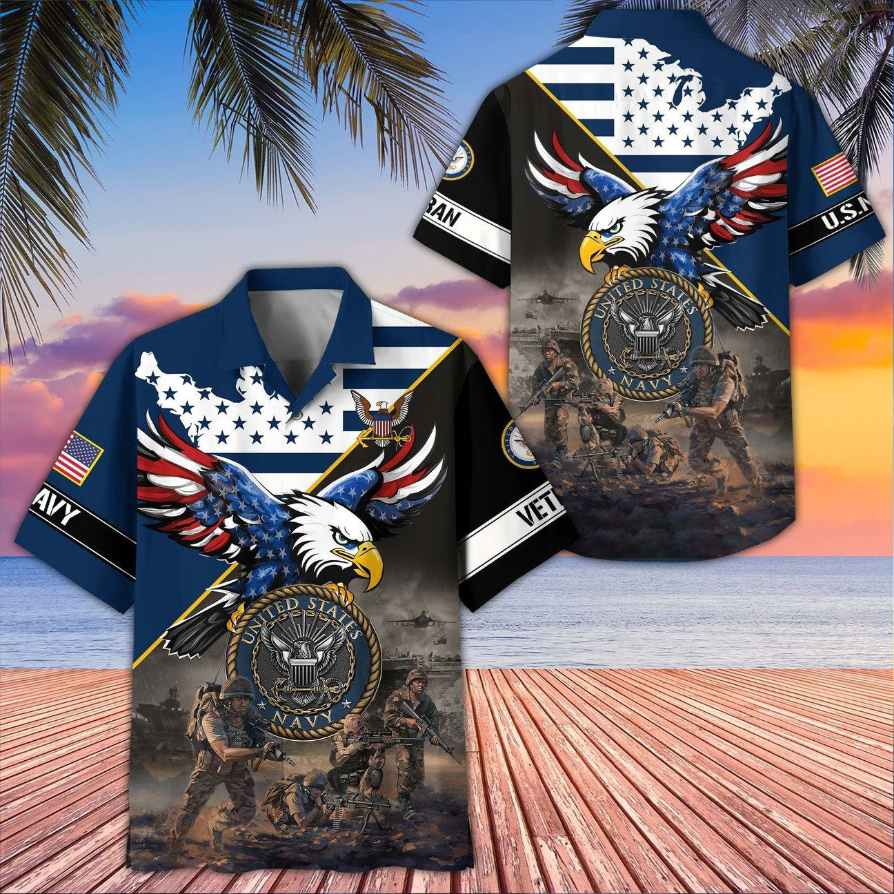 US Navy American Eagle Map Soldiers Battle Scene Hawaiian Shirt Military Gift for Army Mens on Veterans Day