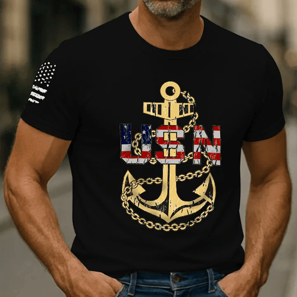 US Navy American Flag Letters T-Shirt Anchor Pattern Proud Navy Veteran Clothes Gifts For Dad