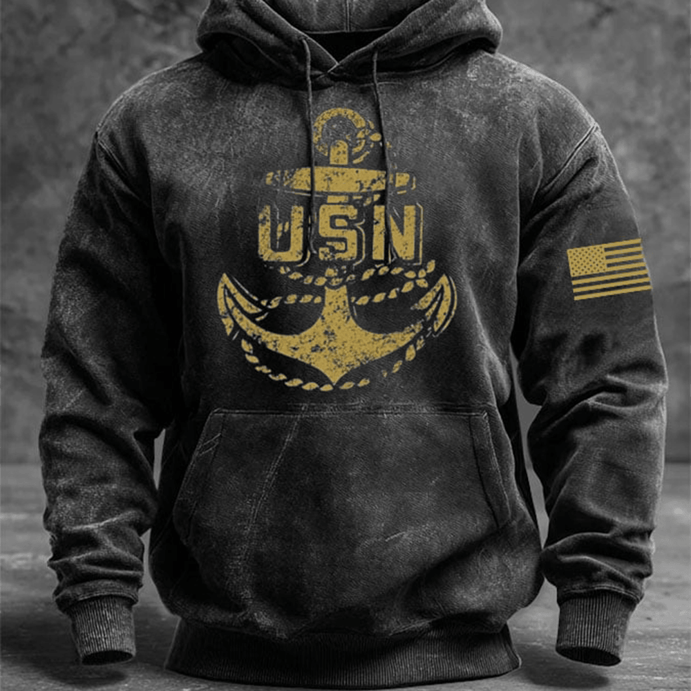US Navy Anchor Pattern Vintage Hoodie American Flag Navy Clothing Unique Gift For Navy Veteran