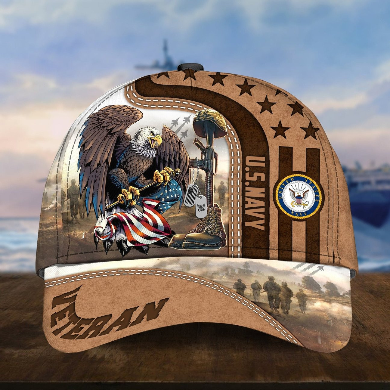 US Navy Bald Eagle and Fallen Soldier Patriotic Cap Gift for Veterans