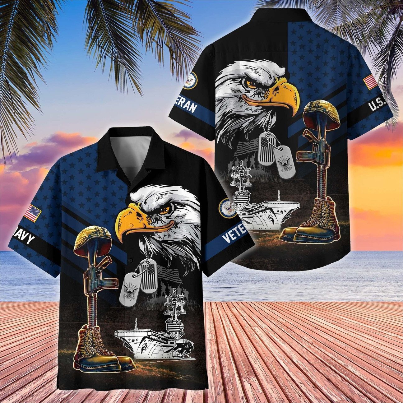 US Navy Bald Eagle Dog Tag Military Tank Boots Helmet Hawaiian Shirt Gift for Army Mens on Veterans Day