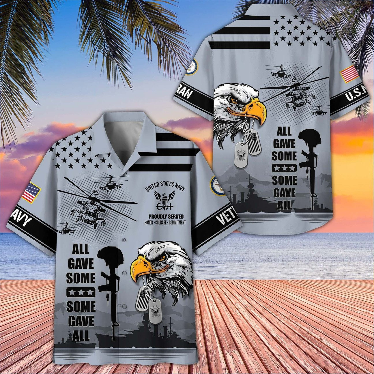 US Navy Bald Eagle With Dog Tag and Military Helicopter Hawaiian Shirt Gift for Army Mens on Veterans Day