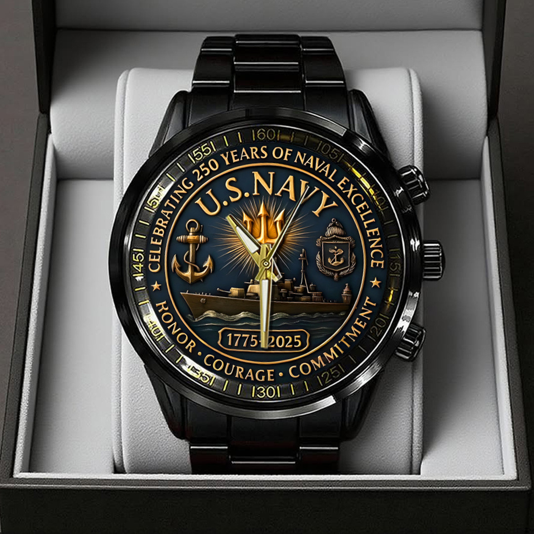 US Navy Black Stainless Steel Watch 250 Years Of Naval Excellence Watch Gift For Dad