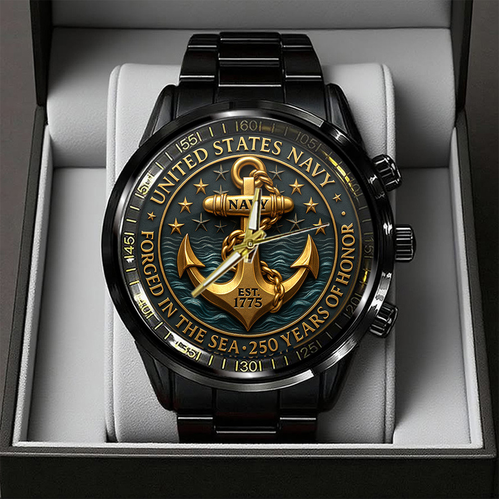 US Navy Black Stainless Steel Watch 250 Years Of Service Navy Watch Gift For Veterans
