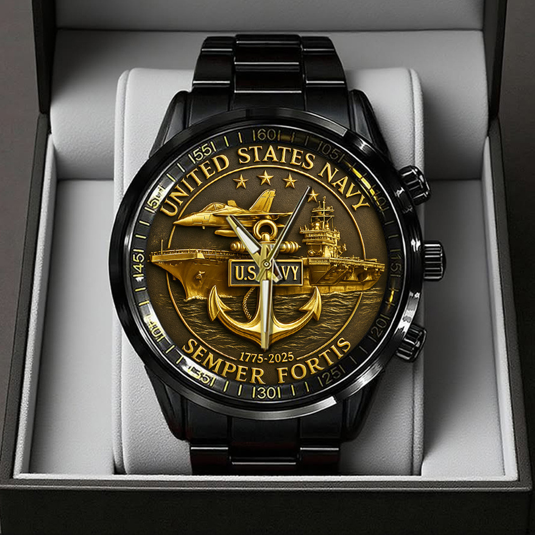 US Navy Black Stainless Steel Watch Semper Fortis 1775 2025 Watch Gifts For Supporters