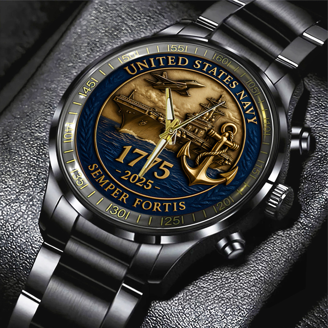 US Navy Black Stainless Steel Watch Semper Fortis Tactical Watch Gift For Brother