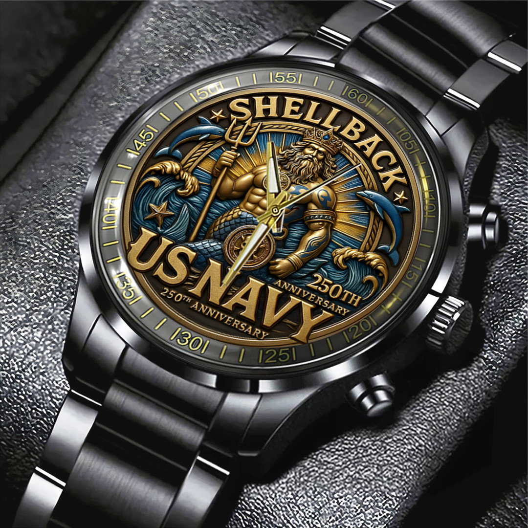 US Navy Black Stainless Steel Watch Shellback 250th Anniversary Watch Navy Veteran Gifts