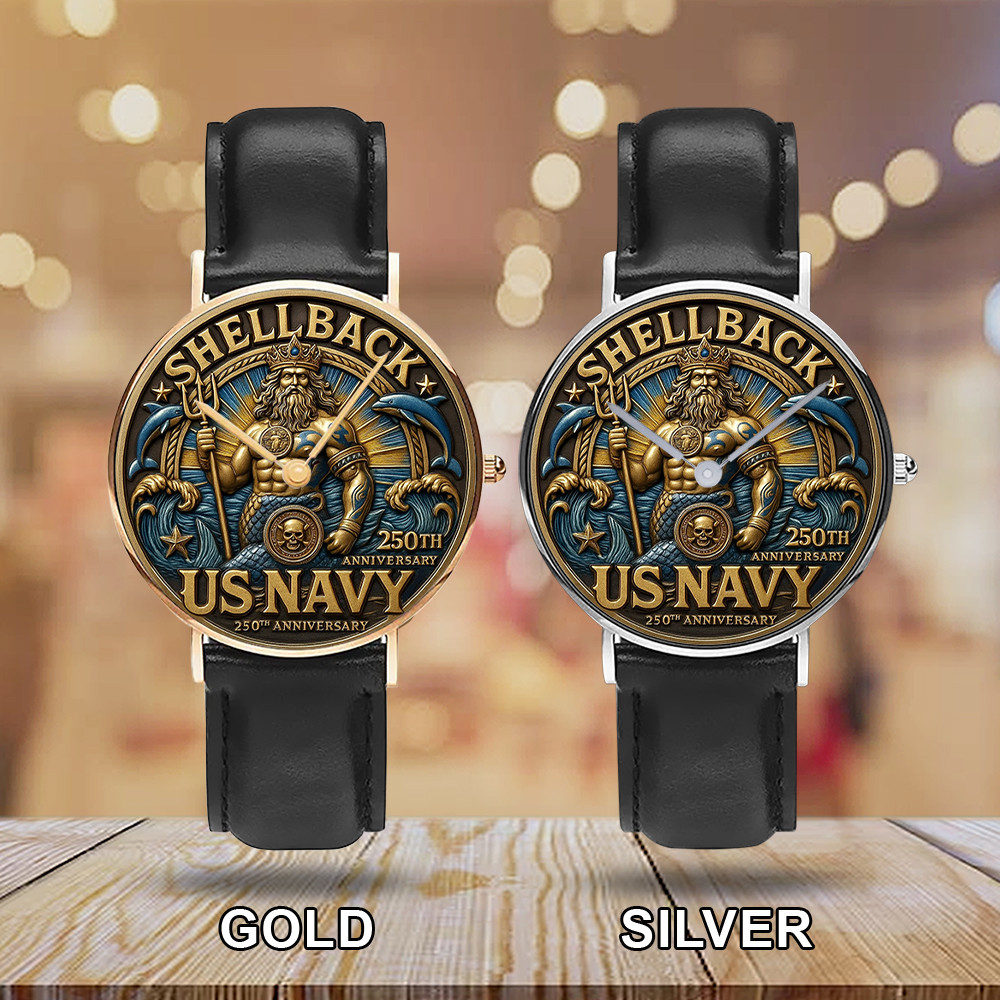 US Navy Black Stitched Leather Watch Shellback Military Themed Watch Gifts For Men