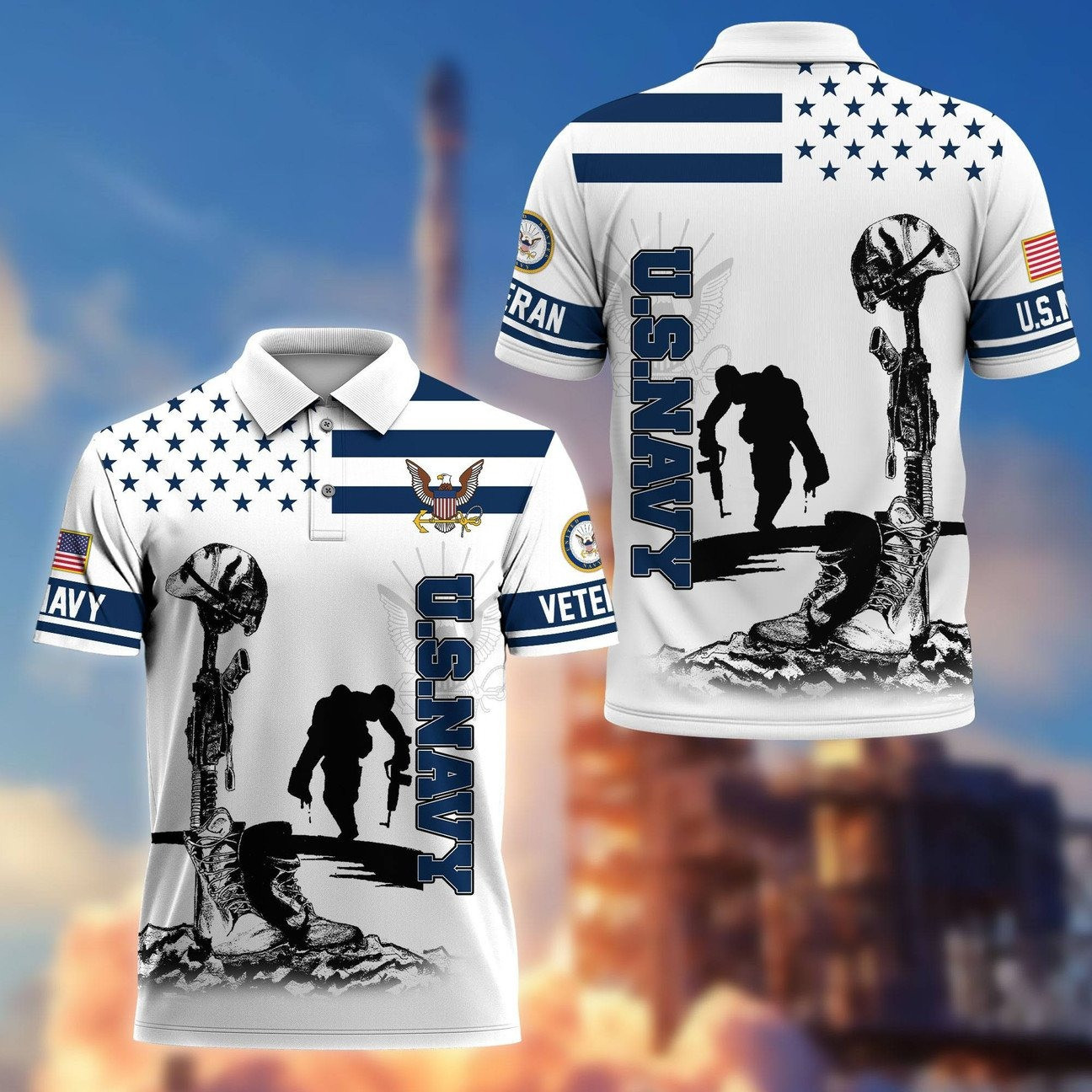 US Navy Fallen Soldier Polo Shirt Veteran Memorial Tribute Gift for Dad and Husband on Veteran Day
