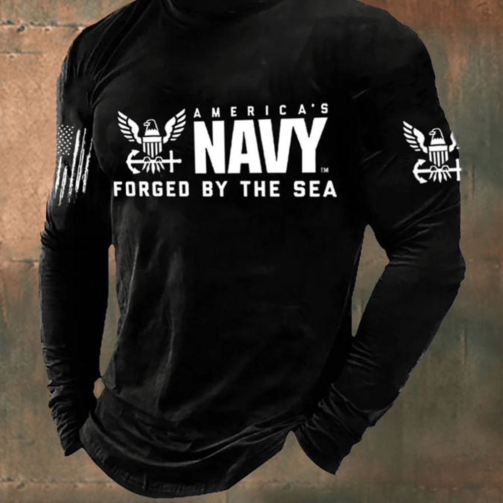 US Navy Forged By The Sea Long Sleeve Shirt American Flag Patriotic Presents