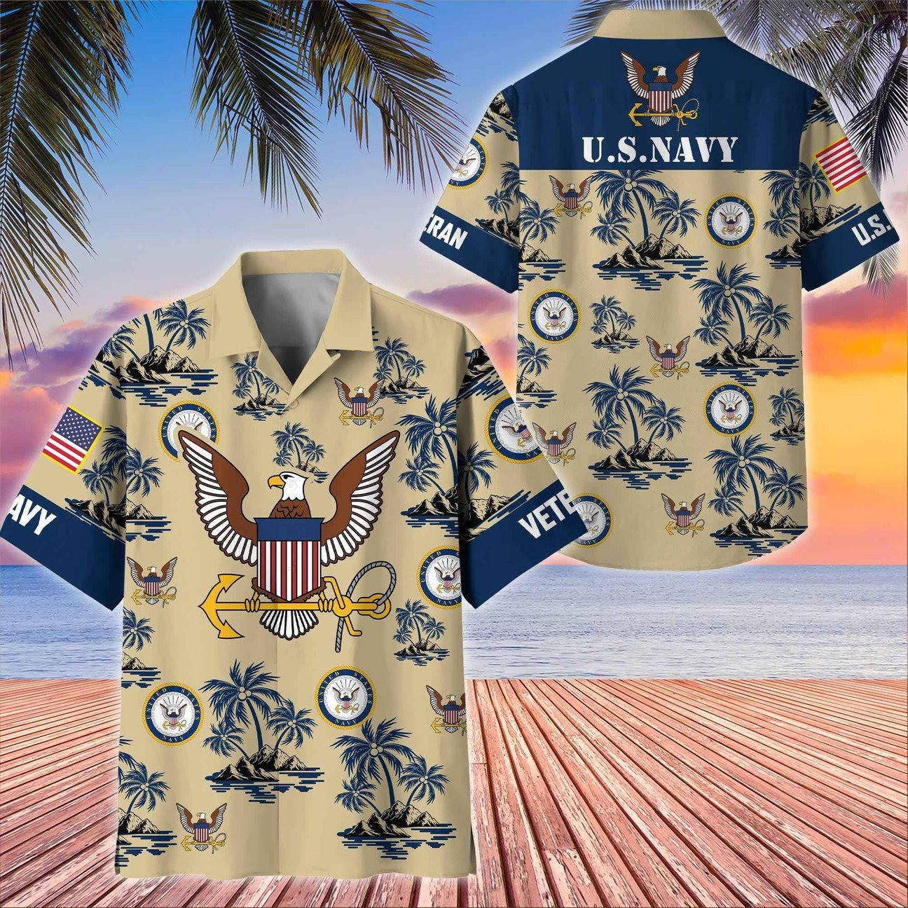 US Navy Great Seal Eagle Palm Tree Island Military Hawaiian Shirt Summer Gift for Army Mens on Veterans Day