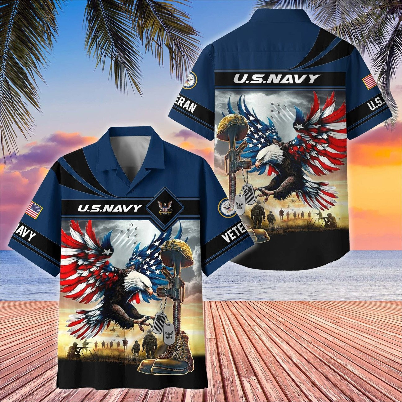 US Navy Hawaiian American Eagle Flag Shirt Veteran Patriotic Gift for Mens on Veterans Day